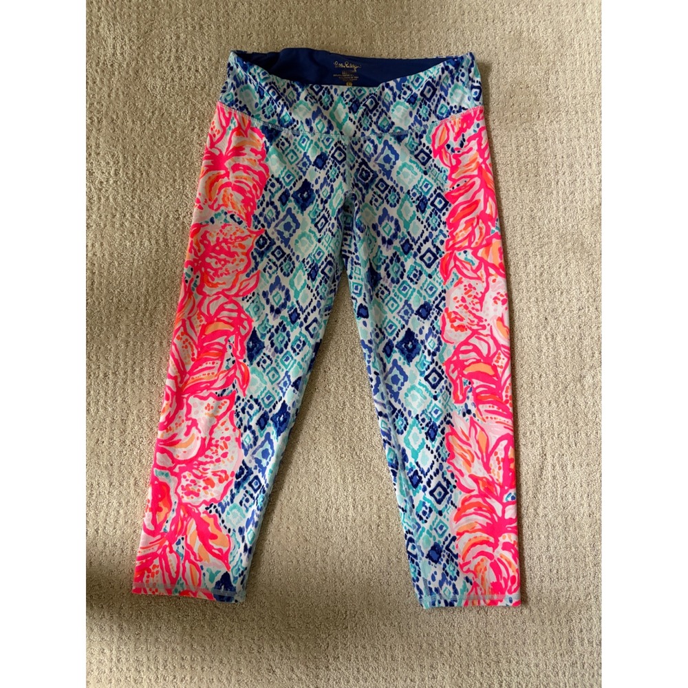 Lilly Pulitzer Luxletic Cropped Leggings Pink Blue Ikat Floral Print Size Large